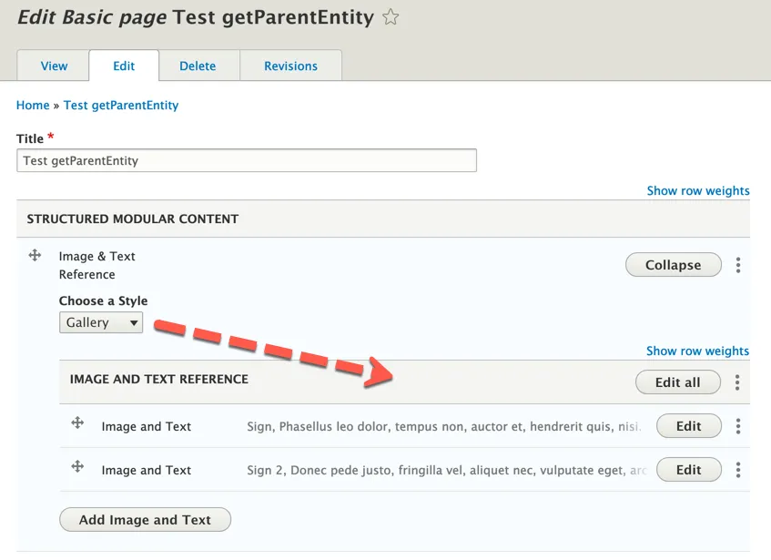The Paragraphs UI showing the relationship between the referencing and referenced paragraphs