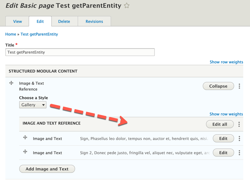 The Paragraphs UI showing the relationship between the referencing and referenced paragraphs
