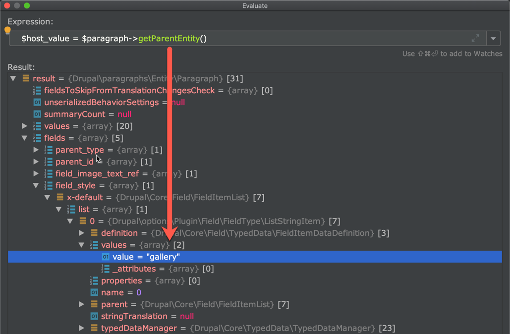 Xdebug in action showing getParentEntity() evaluated