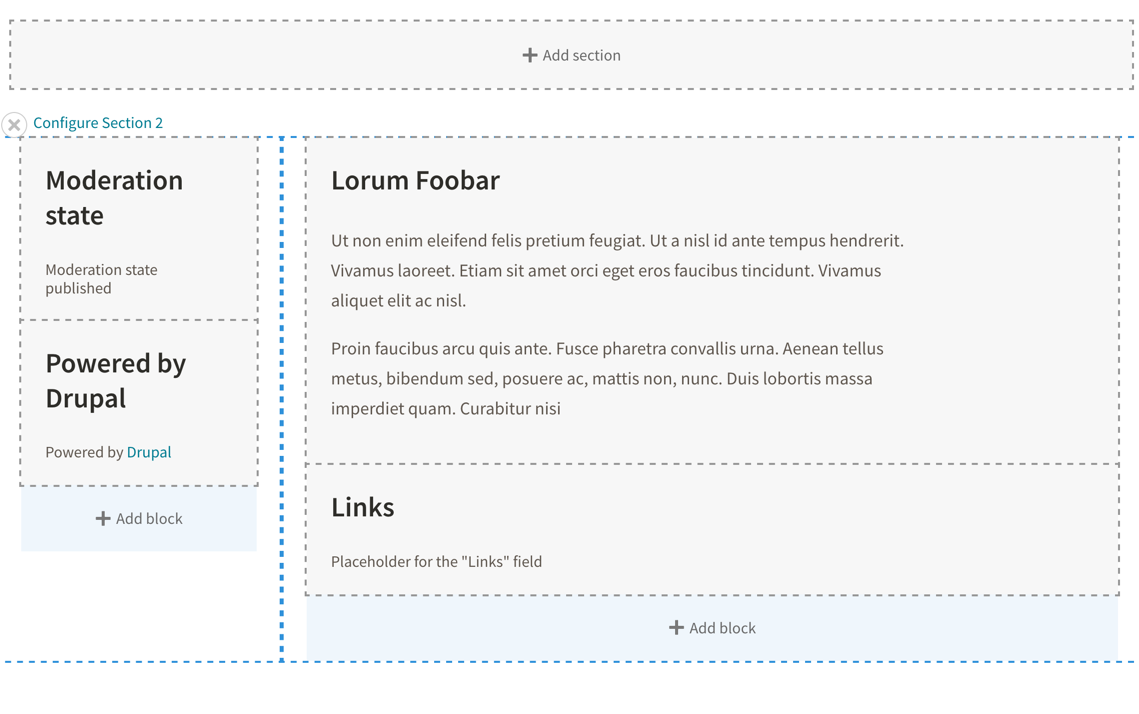 The Drupal 8 Layout Builder drag and drop admin UI showing how blocks and sections are laid out