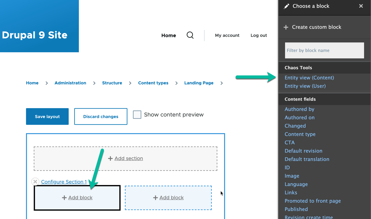 Adding an entity view to the main default Layout Builder layout