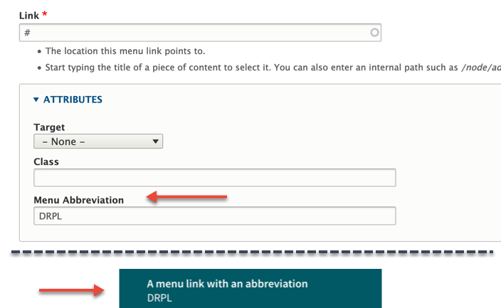 The Drupal 8 menu admin UI showing the new field for an abbreviation attribute