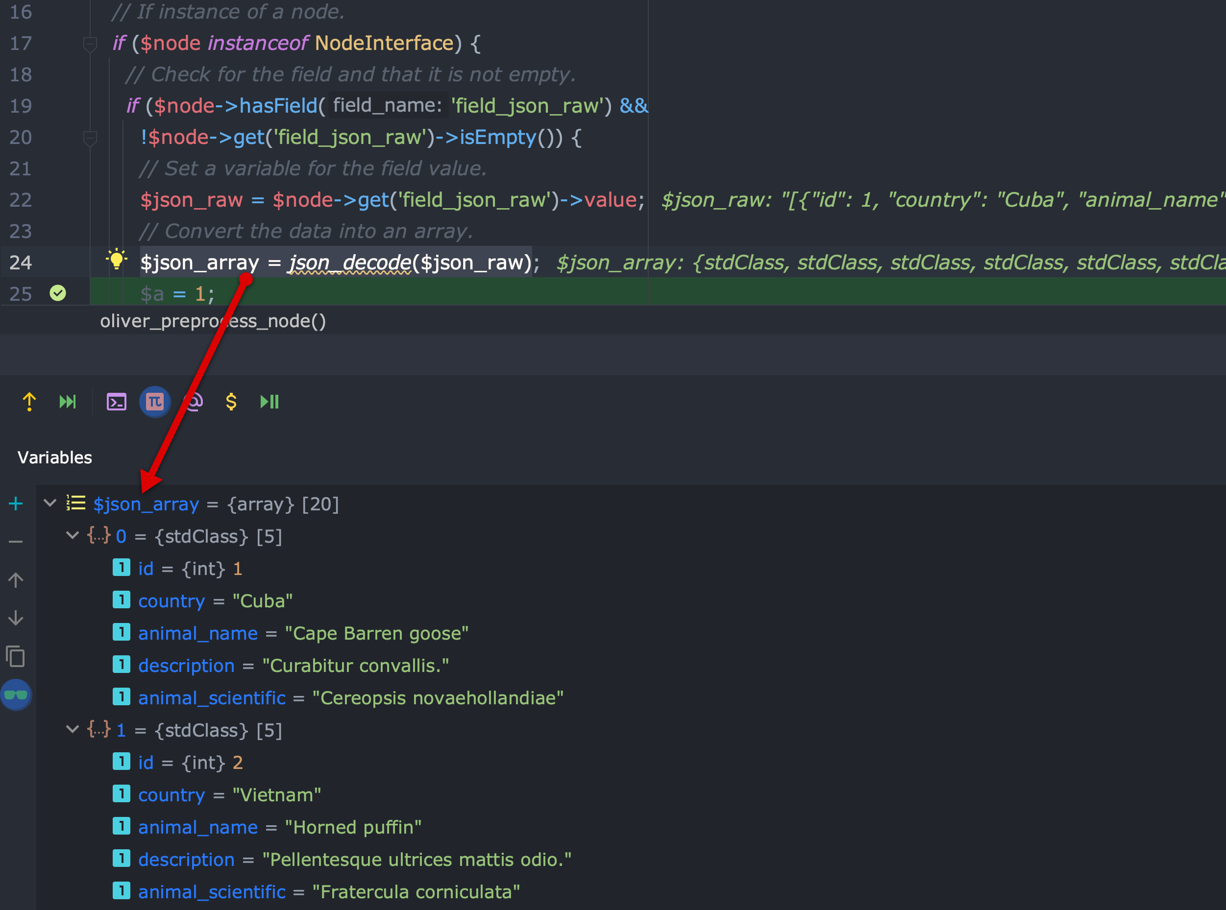 Xdebug showing the converted JSON array